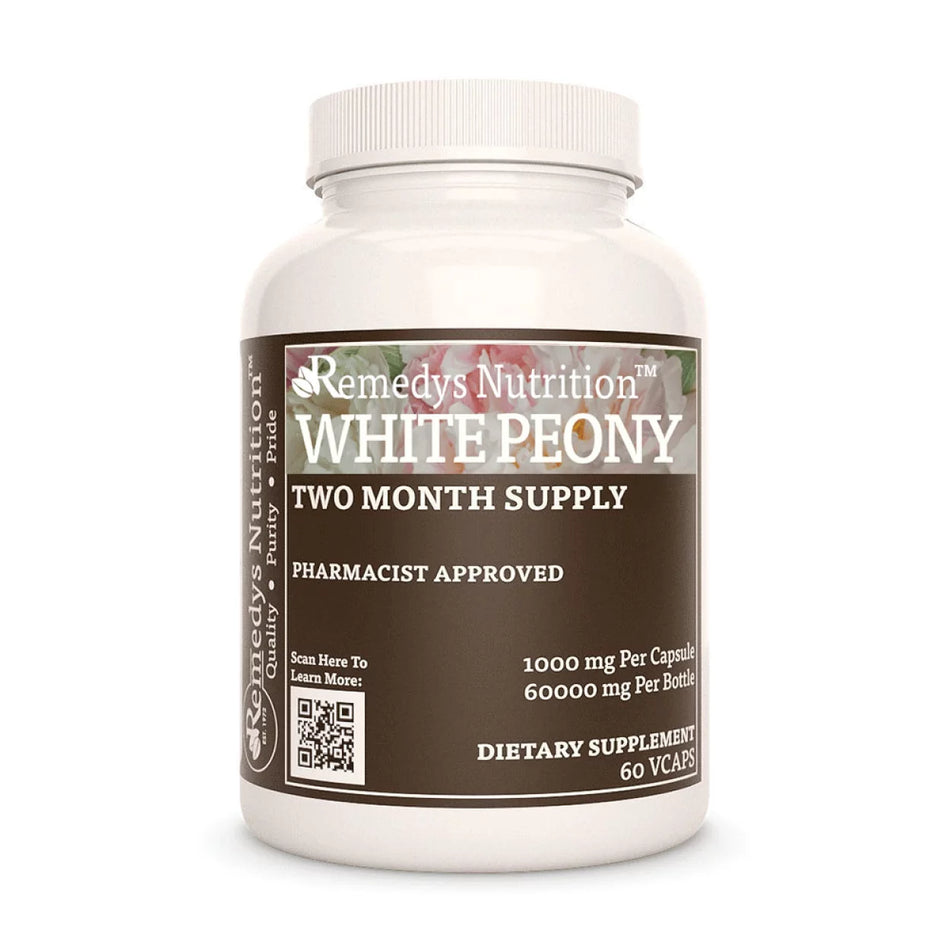 Image of Remedy's Nutrition® White Peony Capsules Herbal Dietary Supplement front bottle. Made in the USA. Paeonia lactiflora.