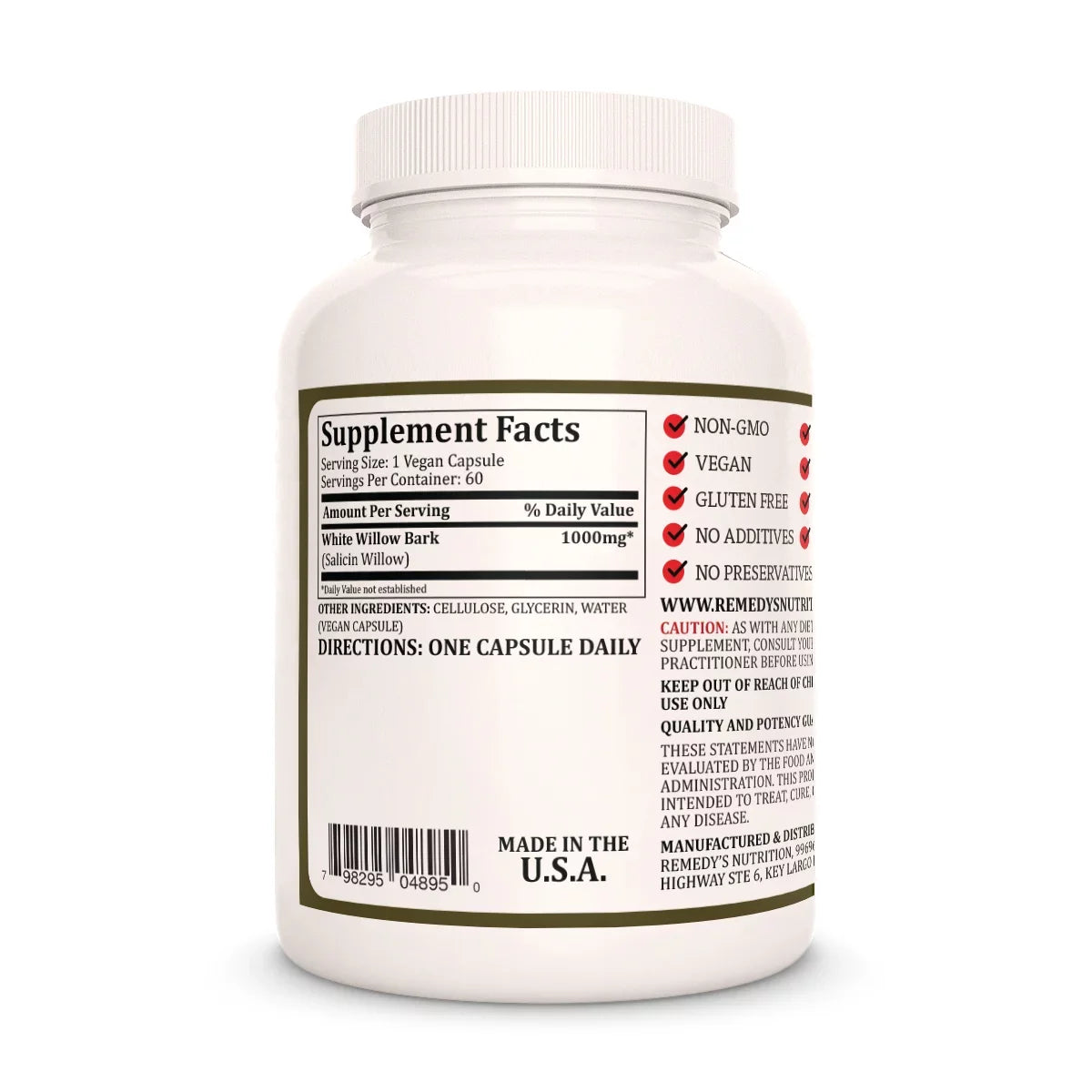 Image of Remedy's Nutrition® White Willow Bark back bottle label. Supplement Facts, Ingredients and Directions. Salix alba.