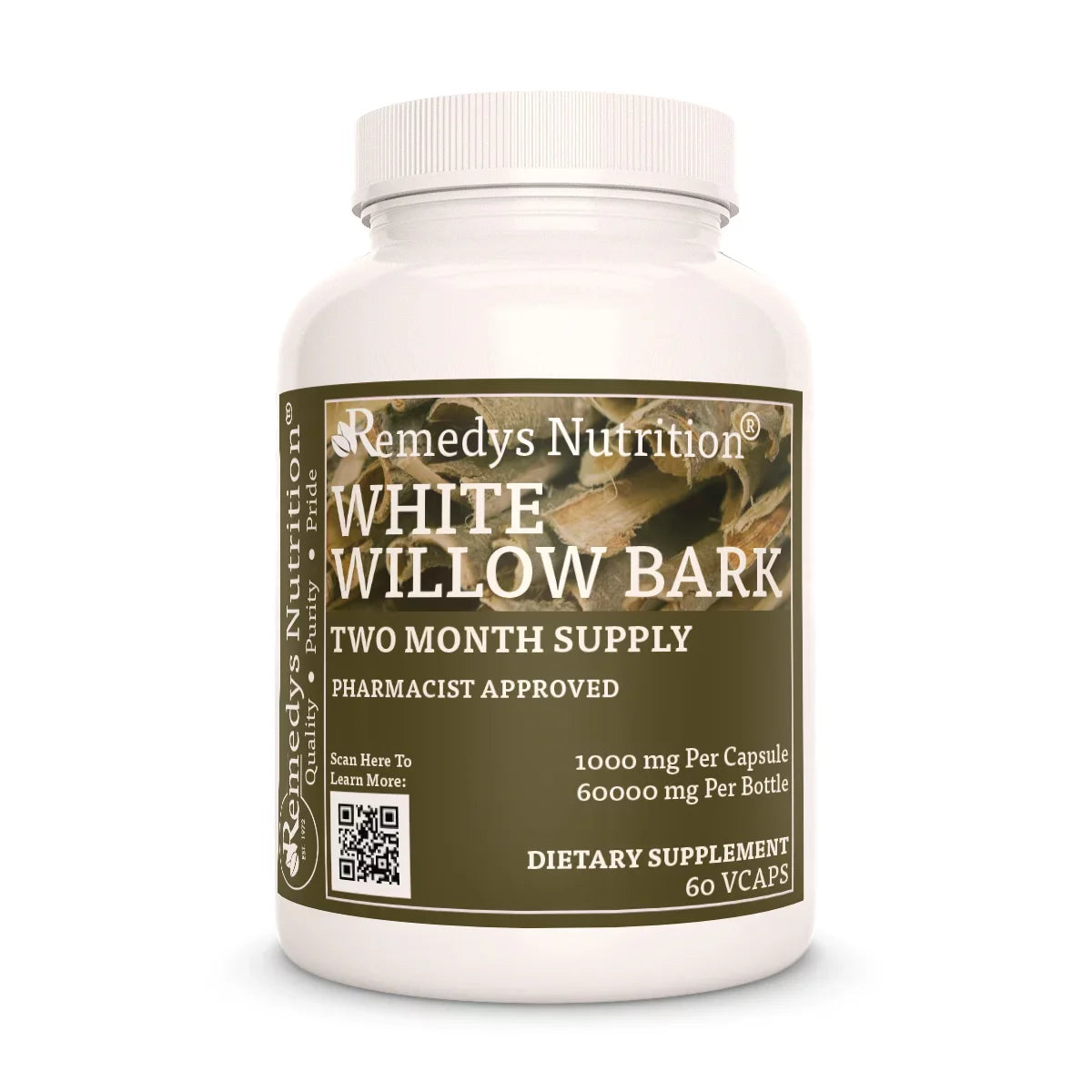 Image of Remedy's Nutrition® White Willow Bark Capsules Herbal Dietary Supplement front bottle. Made in the USA. Salix alba