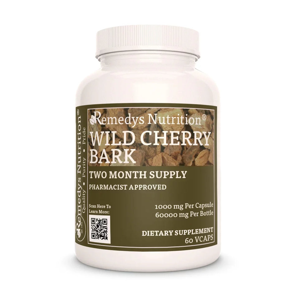 Image of Remedy's Nutrition® Wild Cherry Bark Capsules Herbal Dietary Supplement front bottle. Made in USA. Prunus serotina