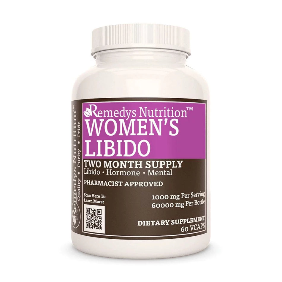 Image of Remedy's Nutrition® Women’s Libido™ Capsules Herbal Dietary Supplement front bottle. Made in USA. Proprietary Blend.
