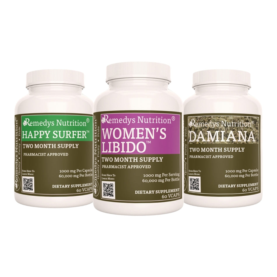 Image of Remedy's Nutrition® Women’s Libido Power Pack™ includes Women’s Libido™, Happy Surfer™. & Damiana Supplements.