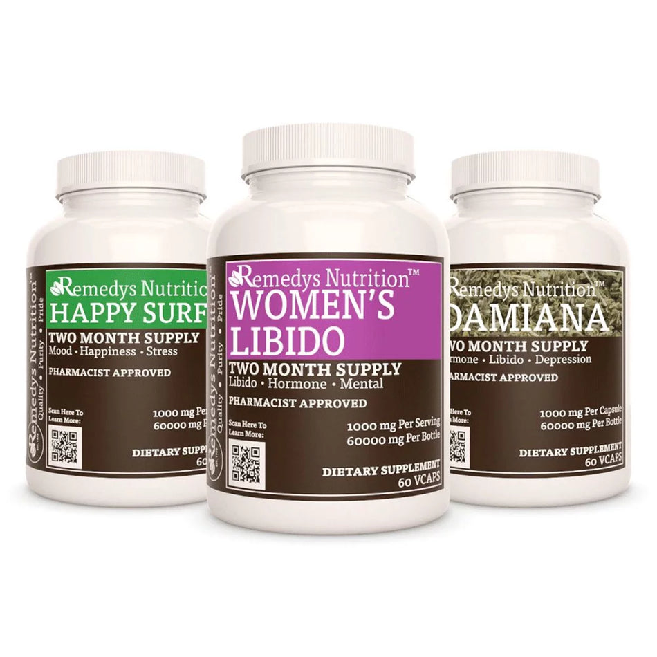 Image of Remedy's Nutrition® Women’s Libido Power Pack™ includes Women’s Libido™, Happy Surfer™. & Damiana Supplements.