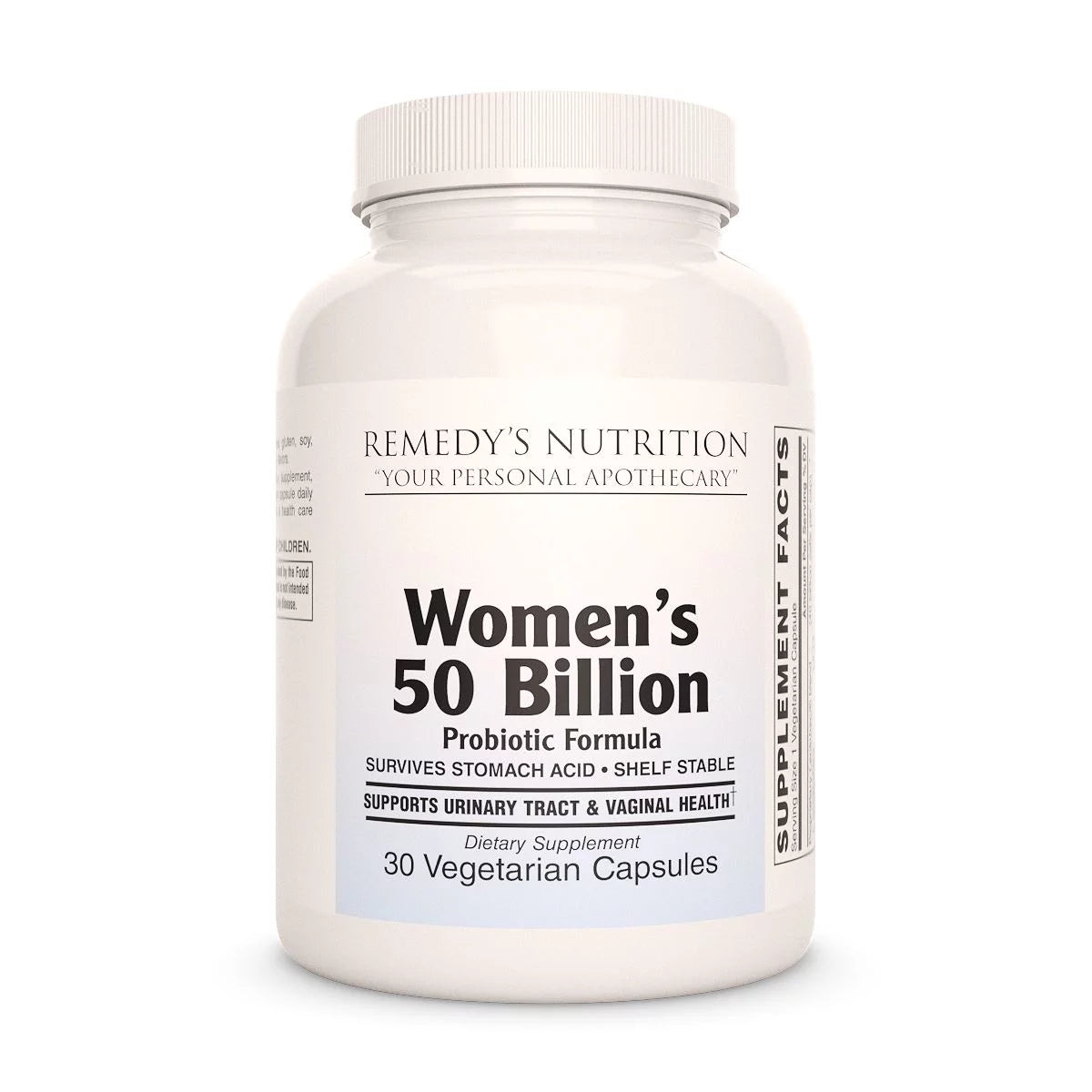 Image of Remedy's Nutrition® Women's 50 Billion™ Probiotic Capsules Dietary Supplement front bottle. 50 Billion Cultures. 