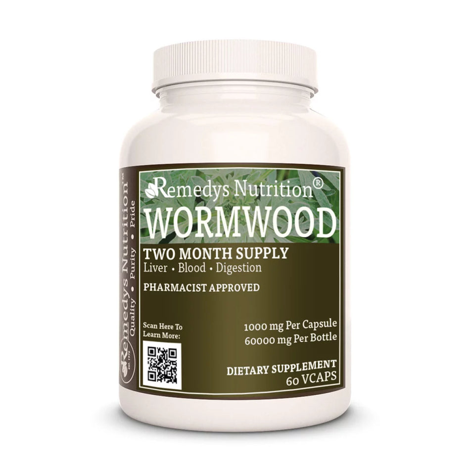 Image of Remedy's Nutrition® Wormwood Capsules Herbal Dietary Supplement front bottle. Made in the USA. Artemisia absinthium.