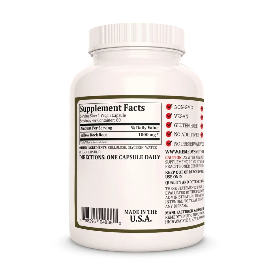Image of Remedy's Nutrition® Yellow Dock Root back bottle label. Supplement Facts, Ingredients and Directions. Rumex crispus.
