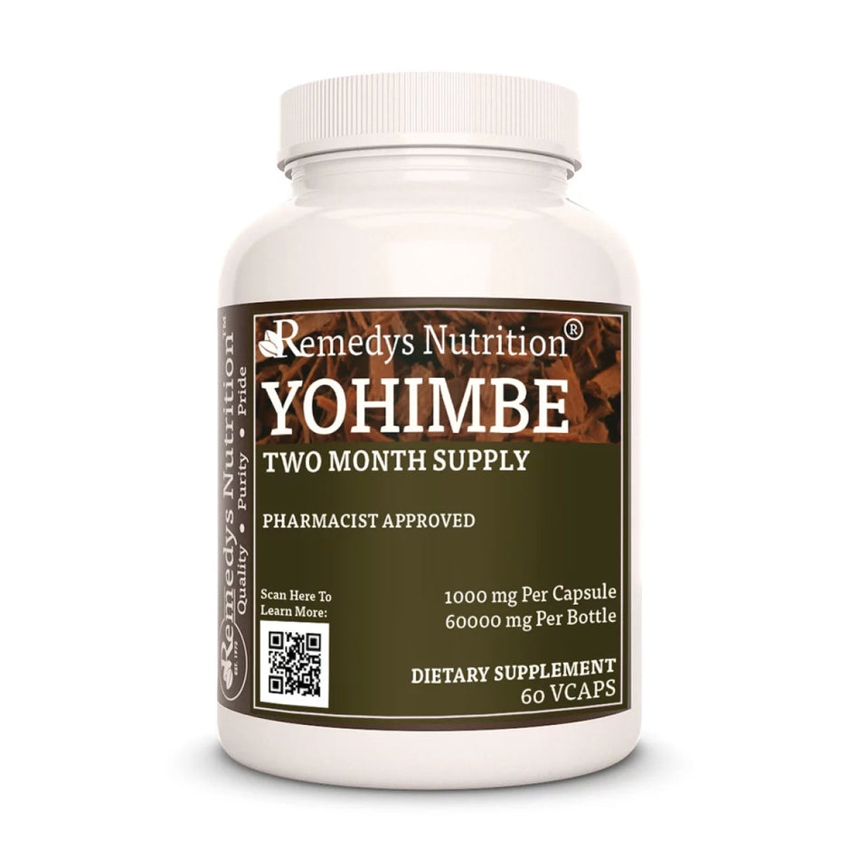 Image of Remedy's Nutrition® Yohimbe Capsules Herbal Dietary Supplement front bottle. Made in the USA. Pausinystalia yohimbe.